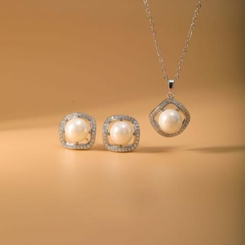 laiton parure de bijoux, Boucle d’oreille stud & collier, avec perle de plastique, Motif géométrique, Placage, 2 pièces & pavé de micro zircon & pour femme, argent, Vendu par fixé