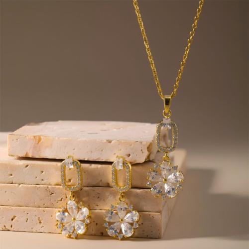 laiton parure de bijoux, boucle d'oreille & collier, fleur, Placage, 2 pièces & pavé de micro zircon & pour femme, plus de couleurs à choisir, Vendu par fixé