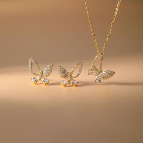 laiton parure de bijoux, Boucle d’oreille stud & collier, papillon, Placage, 2 pièces & pavé de micro zircon & pour femme & creux, plus de couleurs à choisir, Vendu par fixé