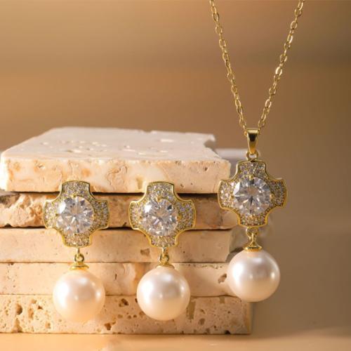 laiton parure de bijoux, boucle d'oreille & collier, avec perle de plastique, Placage, 2 pièces & pavé de micro zircon & pour femme, plus de couleurs à choisir, Vendu par fixé