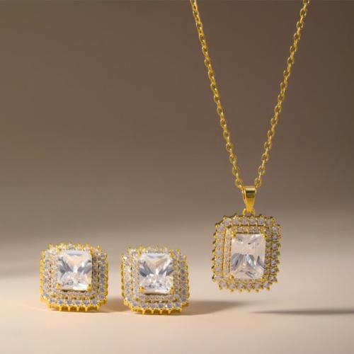 laiton parure de bijoux, Boucle d’oreille stud & collier, cadre, Placage, 2 pièces & pavé de micro zircon & pour femme, plus de couleurs à choisir, Vendu par fixé