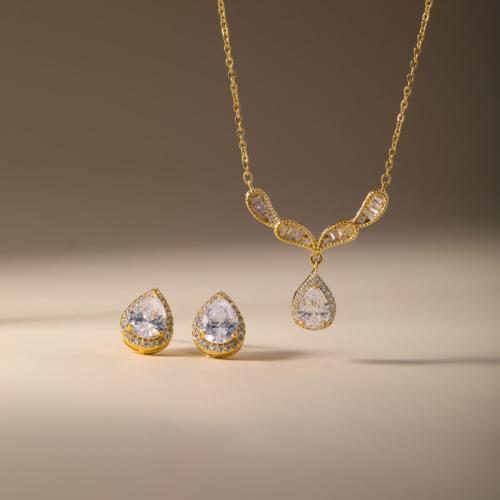 laiton parure de bijoux, Boucle d’oreille stud & collier, larme, Placage, 2 pièces & pavé de micro zircon & pour femme, plus de couleurs à choisir, Vendu par fixé