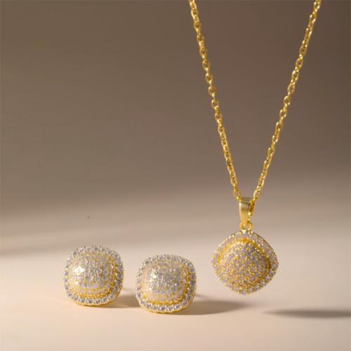 laiton parure de bijoux, Boucle d’oreille stud & collier, Motif géométrique, Placage, 2 pièces & pavé de micro zircon & pour femme, plus de couleurs à choisir, Vendu par fixé