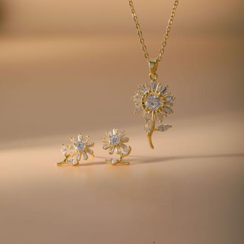 laiton parure de bijoux, Boucle d’oreille stud & collier, fleur, Placage, 2 pièces & pavé de micro zircon & pour femme, plus de couleurs à choisir, Vendu par fixé