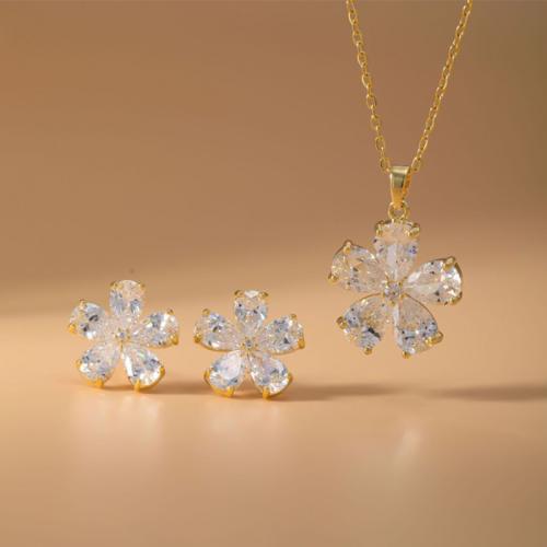 laiton parure de bijoux, Boucle d’oreille stud & collier, fleur, Placage, 2 pièces & pavé de micro zircon & pour femme, Or, Vendu par fixé