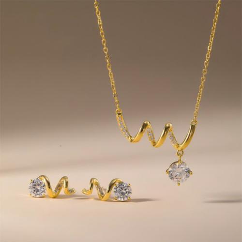 laiton parure de bijoux, Boucle d’oreille stud & collier, Placage, 2 pièces & pavé de micro zircon & pour femme, plus de couleurs à choisir, Vendu par fixé
