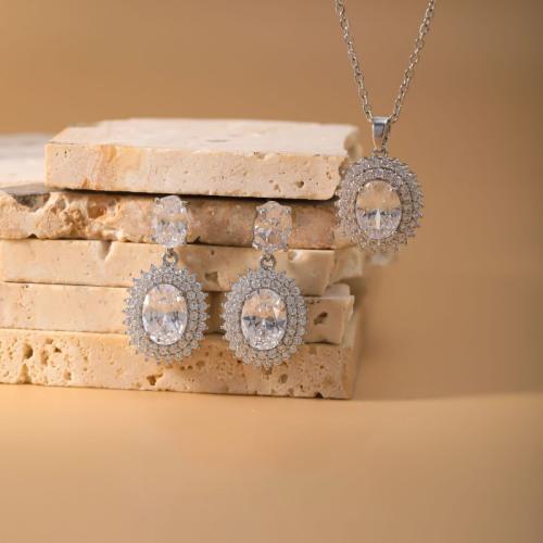 laiton parure de bijoux, boucle d'oreille & collier, fleur, Placage, 2 pièces & pavé de micro zircon & pour femme, argent, Vendu par fixé