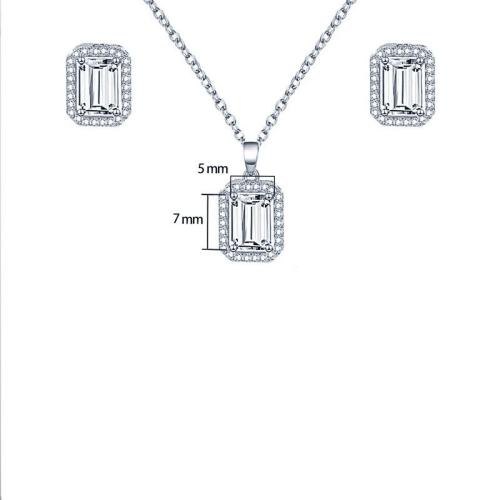 laiton parure de bijoux, Boucle d’oreille stud & collier, rectangle, Placage, 2 pièces & pavé de micro zircon & pour femme, argent, Vendu par fixé