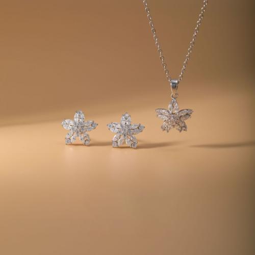 laiton parure de bijoux, Boucle d’oreille stud & collier, fleur, Placage, 2 pièces & pavé de micro zircon & pour femme, argent, Vendu par fixé