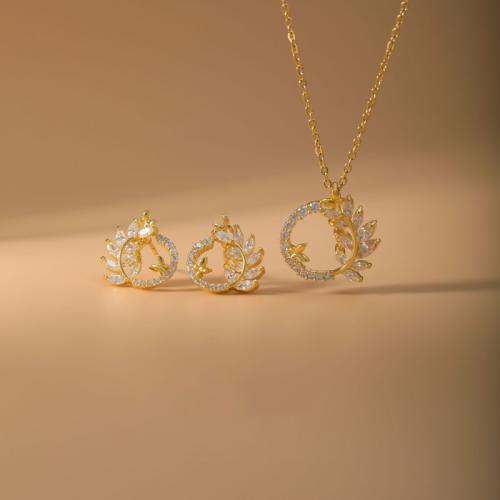 laiton parure de bijoux, Boucle d’oreille stud & collier, blé, Placage, 2 pièces & pavé de micro zircon & pour femme & creux, Or, Vendu par fixé