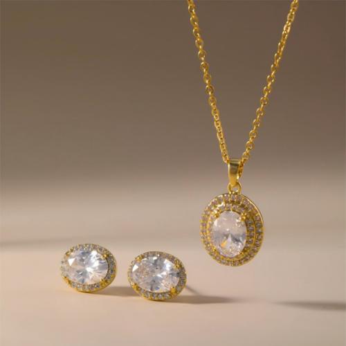 laiton parure de bijoux, Boucle d’oreille stud & collier, ovale, Placage, 2 pièces & pavé de micro zircon & pour femme, plus de couleurs à choisir, Vendu par fixé