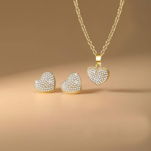 laiton parure de bijoux, Boucle d’oreille stud & collier, coeur, Placage, 2 pièces & pavé de micro zircon & pour femme, plus de couleurs à choisir, Vendu par fixé