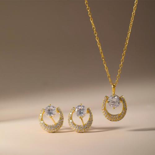 laiton parure de bijoux, Boucle d’oreille stud & collier, Placage, 2 pièces & pavé de micro zircon & pour femme, plus de couleurs à choisir, Vendu par fixé