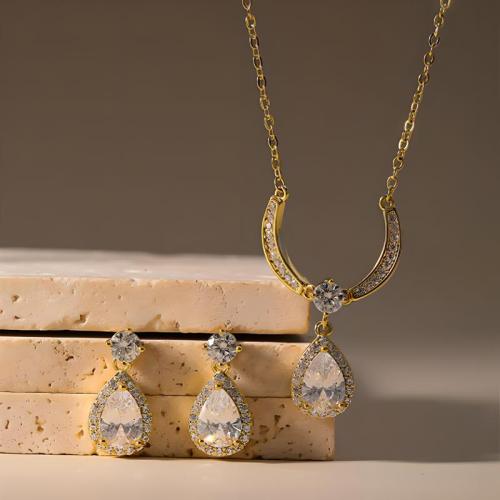 laiton parure de bijoux, boucle d'oreille & collier, larme, Placage, 2 pièces & pavé de micro zircon & pour femme, plus de couleurs à choisir, Vendu par fixé