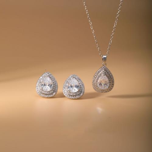 laiton parure de bijoux, Boucle d’oreille stud & collier, larme, Placage, 2 pièces & pavé de micro zircon & pour femme, argent, Vendu par fixé