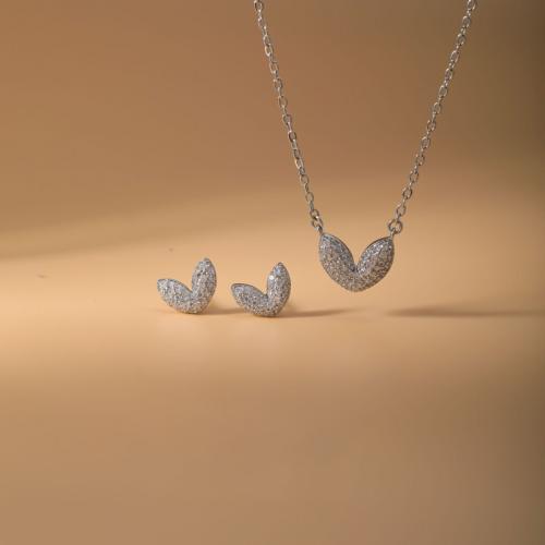 laiton parure de bijoux, Boucle d’oreille stud & collier, Placage, 2 pièces & pavé de micro zircon & pour femme, argent, Vendu par fixé