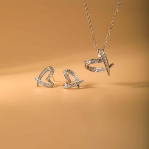 laiton parure de bijoux, Boucle d’oreille stud & collier, coeur, Placage, 2 pièces & pavé de micro zircon & pour femme & creux, argent, Vendu par fixé