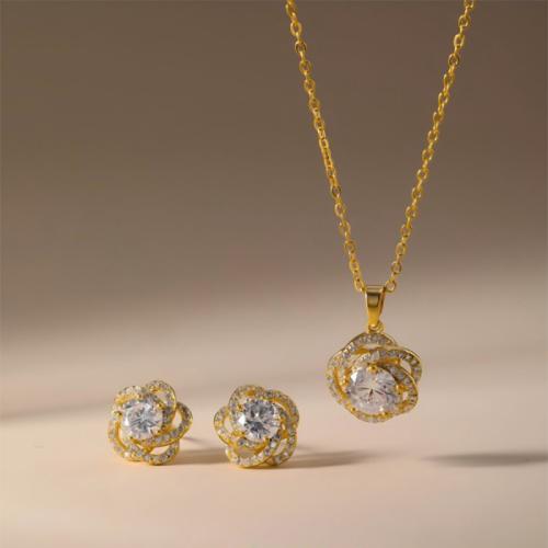 laiton parure de bijoux, Boucle d’oreille stud & collier, fleur, Placage, 2 pièces & pavé de micro zircon & pour femme & creux, plus de couleurs à choisir, Vendu par fixé