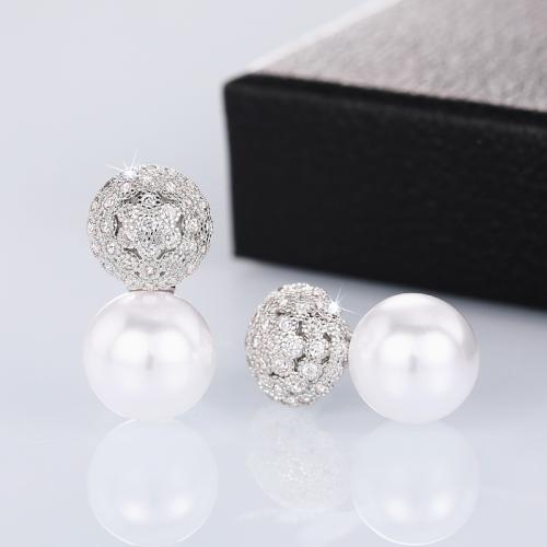 Boucles d'oreilles en laiton zircon cubique pavent, avec perle de plastique, Placage, bijoux de mode & pavé de micro zircon & pour femme, Vendu par paire