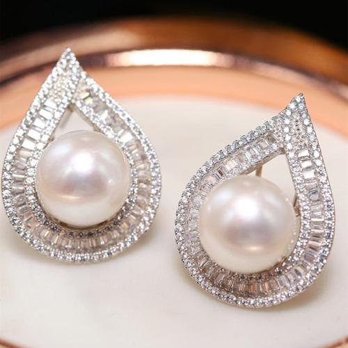 Boucles d'oreilles en laiton zircon cubique pavent, avec perle de plastique, larme, Placage, pavé de micro zircon & pour femme & creux, Vendu par paire