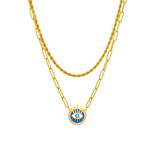 Collier Evil Eye bijoux, Acier inoxydable 304, Placage, Double couche & pour femme & émail & avec strass, doré, Vendu par PC