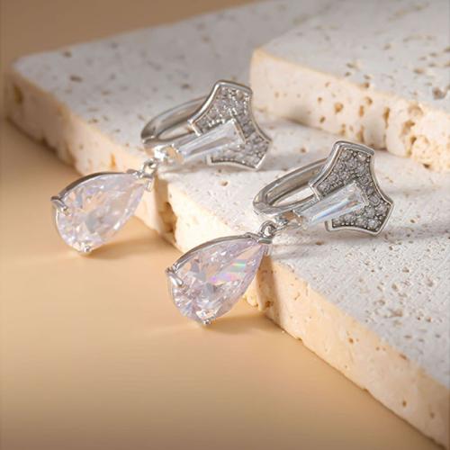 laiton Boucle d'oreille goutte, larme, Placage, pavé de micro zircon & pour femme, argent, 12x28mm, Vendu par PC