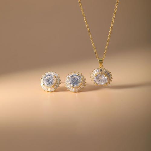 laiton parure de bijoux, Boucle d’oreille stud & collier, Rond, Placage, 2 pièces & pavé de micro zircon & pour femme, plus de couleurs à choisir, Vendu par fixé