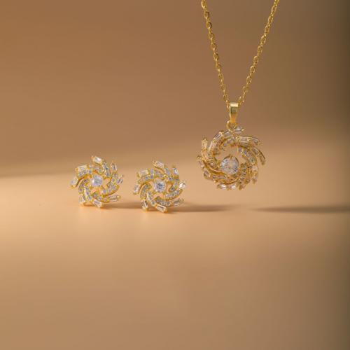 laiton parure de bijoux, Boucle d’oreille stud & collier, Placage, 2 pièces & pavé de micro zircon & pour femme, Or, Vendu par fixé