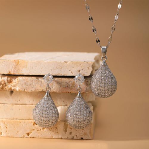 Brass Jewelry Set, earring & necklace, Teardrop, plated, 2 pieces & micro pave cubic zirconia & for woman, silver color, Sold By Set