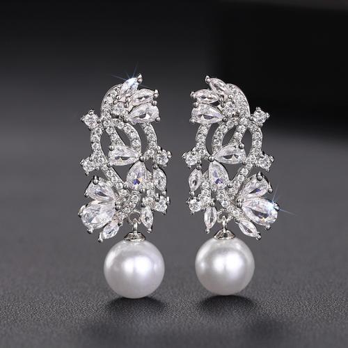 Boucles d'oreilles en laiton zircon cubique pavent, avec perle de plastique, Placage, normes différentes pour le choix & pavé de micro zircon & pour femme & creux, Vendu par paire