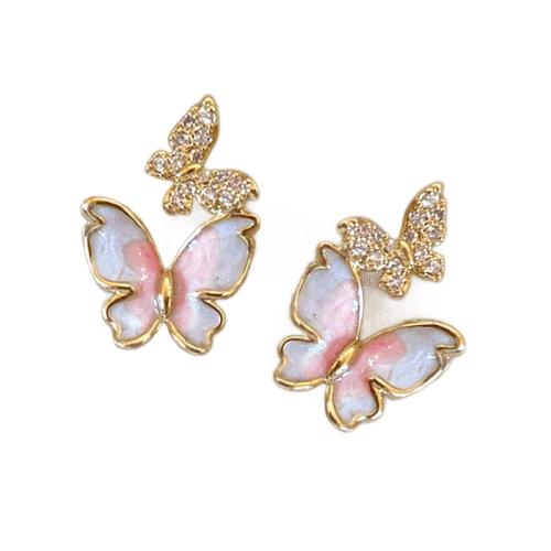 Boucles d'oreilles en laiton zircon cubique pavent, papillon, Placage, pavé de micro zircon & pour femme & émail, Vendu par paire