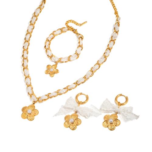 Stainless Steel smycken Ställer, 304 rostfritt stål, med Lace & Plast Pearl, plated, mode smycken & olika stilar för val & för kvinna, gyllene, Säljs av PC