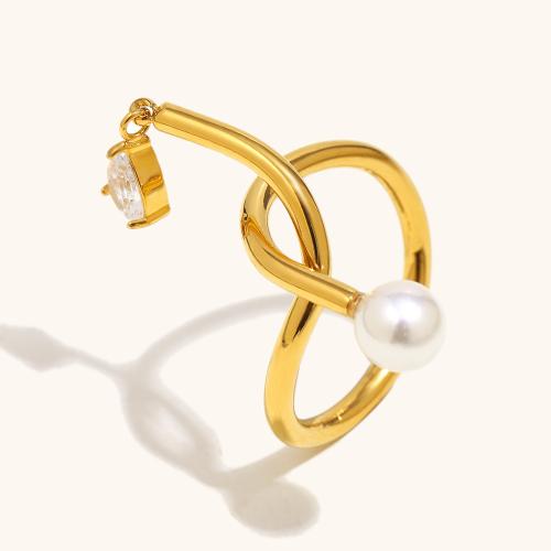 Cubic Zirconia nerezové prst prsten, 304 Stainless Steel, s Plastové Pearl, 18K pozlacené, micro vydláždit kubické zirkony & pro ženy & dutý, Prodáno By PC