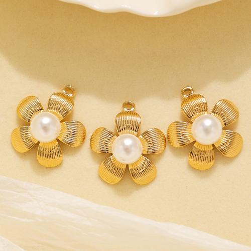 Stainless Steel Flower Pendant 304 Stainless Steel with Plastic Pearl gold color plated DIY gold Sold By Bag