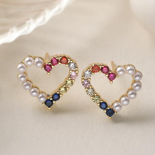 Boucles d'oreilles en laiton zircon cubique pavent, avec perle de plastique, coeur, Plaqué or 18K, styles différents pour le choix & pavé de micro zircon & pour femme, Vendu par paire