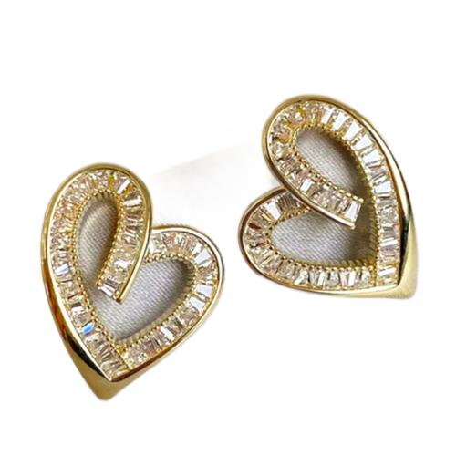 Boucles d'oreilles en laiton zircon cubique pavent, coeur, Placage, pavé de micro zircon & pour femme & creux, Vendu par paire