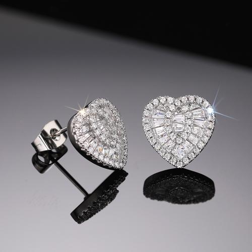 Boucles d'oreilles en laiton zircon cubique pavent, coeur, Placage, bijoux de mode & pavé de micro zircon & pour femme, Vendu par paire
