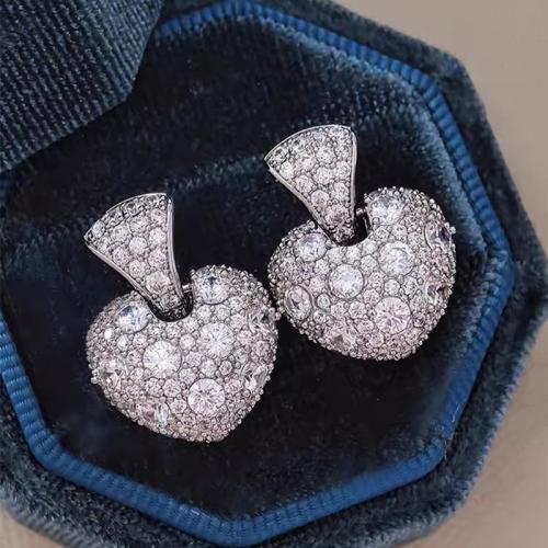 Boucles d'oreilles en laiton zircon cubique pavent, coeur, Placage, bijoux de mode & pavé de micro zircon & pour femme, Vendu par paire