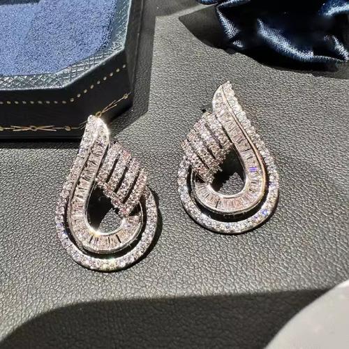 Boucles d'oreilles en laiton zircon cubique pavent, larme, Placage, pavé de micro zircon & pour femme & creux, Vendu par paire