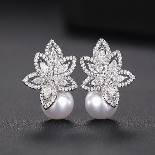 Boucles d'oreilles en laiton zircon cubique pavent, avec perle de plastique, Placage, pavé de micro zircon & pour femme & creux, Vendu par paire