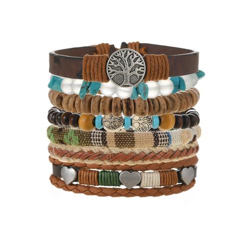 Wrap náramek, Zinek, s tyrkysový & PU & Dřevo, ruční práce, 7 kusů & módní šperky & unisex, Inner diameter :5.5-6.5cm., Prodáno By nastavit