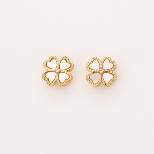 Boucles d'oreilles en laiton zircon cubique pavent, Trèfle à quatre feuilles, Plaqué d'or, bijoux de mode & pavé de micro zircon & pour femme, Vendu par paire