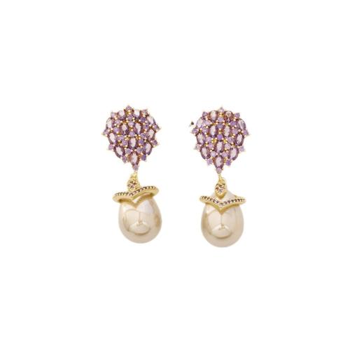 Boucles d'oreilles en laiton zircon cubique pavent, avec perle de plastique, Placage, bijoux de mode & pavé de micro zircon & pour femme, plus de couleurs à choisir, Vendu par paire