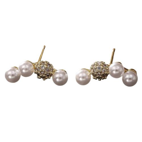 Boucles d'oreilles en laiton zircon cubique pavent, avec perle de plastique, Plaqué d'or, bijoux de mode & pavé de micro zircon & pour femme, Vendu par paire