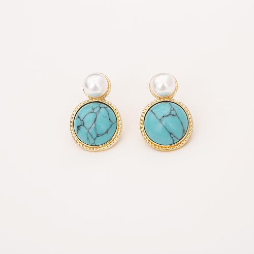 Mosaz pokles náunice, s Syntetický Turquoise & Plastové Pearl, skutečný pozlacené, módní šperky & pro ženy, Prodáno By Pair