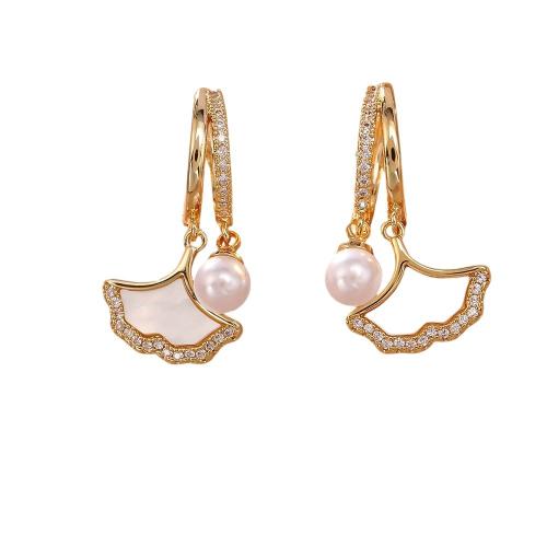 Boucles d'oreilles en laiton zircon cubique pavent, avec perle de plastique, Ginkgo Feuille, Plaqué d'or, bijoux de mode & pavé de micro zircon & pour femme, Vendu par paire