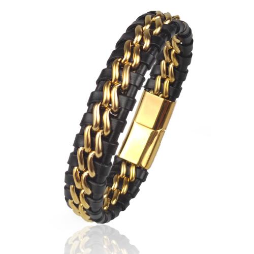 Acier inoxydable 304 bracelet, avec cuir PU, Placage, le style de punk & pour homme, plus de couleurs à choisir, Longueur Environ 8 pouce, Vendu par PC
