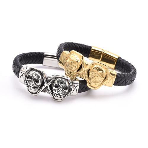 Acier inoxydable 304 bracelet, avec Acier titane & cuir PU, crane, Placage, le style de punk & unisexe, plus de couleurs à choisir, Longueur Environ 8.5 pouce, Vendu par PC