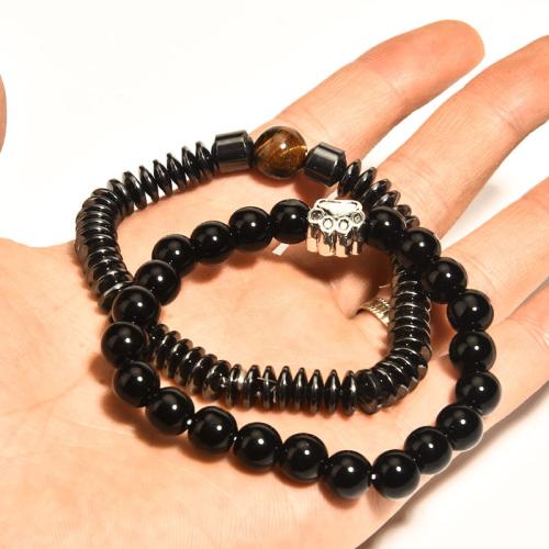 alliage de zinc bracelet, avec Magnésite & oeil de tigre & pierre noire & hématite non magnétique, styles différents pour le choix & pour homme, Longueur Environ 7 pouce, Vendu par PC