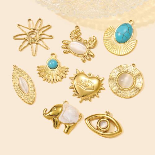 Nerezová ocel Šperky Přívěsky, 304 Stainless Steel, s Přírodní kámen & Kočky Eye & Pryskyřice, barva pozlacený, DIY, zlatý, 3PC/Bag, Prodáno By Bag